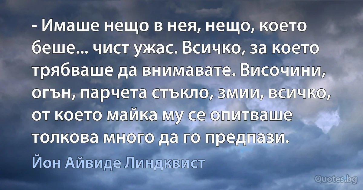 - Имаше нещо в нея, нещо, което беше... чист ужас. Всичко, за което трябваше да внимавате. Височини, огън, парчета стъкло, змии, всичко, от което майка му се опитваше толкова много да го предпази. (Йон Айвиде Линдквист)