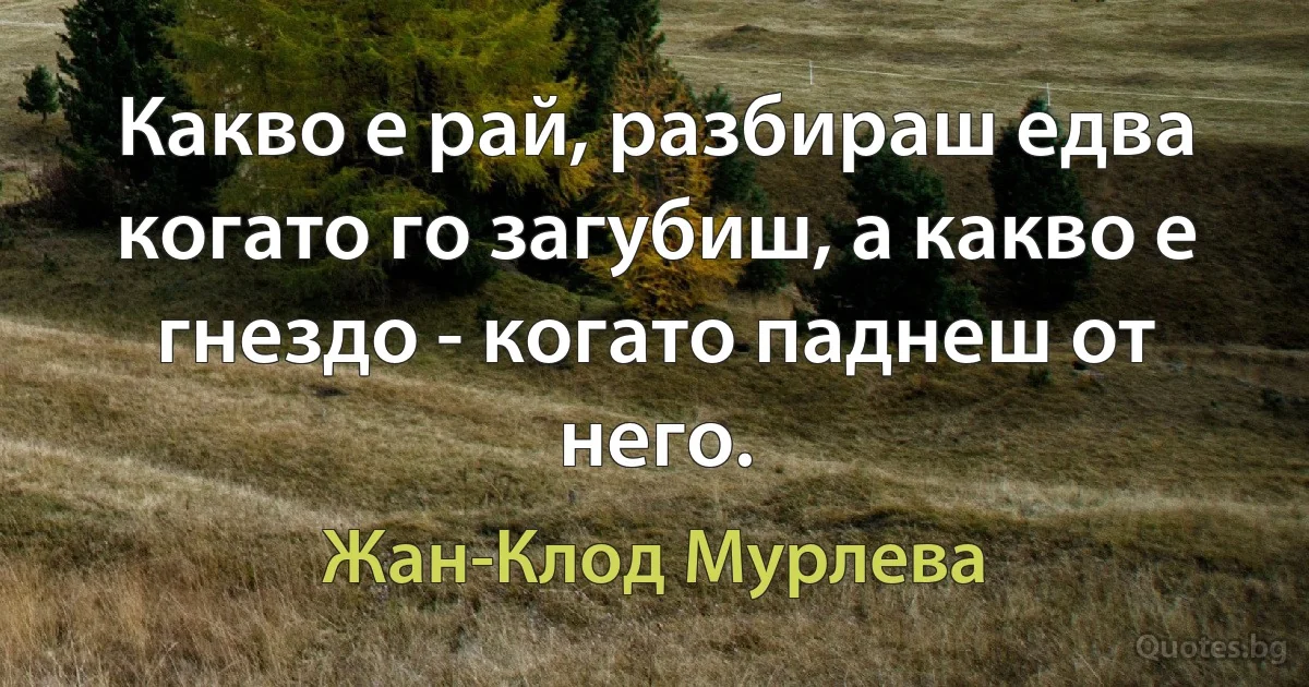 Какво е рай, разбираш едва когато го загубиш, а какво е гнездо - когато паднеш от него. (Жан-Клод Мурлева)