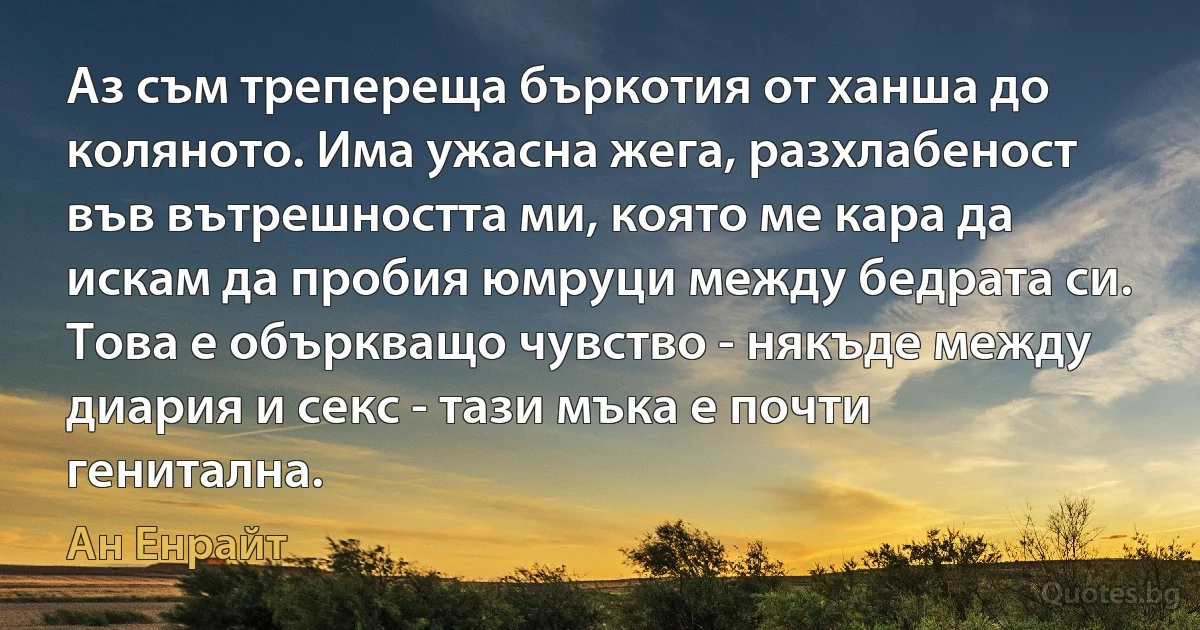 Аз съм трепереща бъркотия от ханша до коляното. Има ужасна жега, разхлабеност във вътрешността ми, която ме кара да искам да пробия юмруци между бедрата си. Това е объркващо чувство - някъде между диария и секс - тази мъка е почти генитална. (Ан Енрайт)