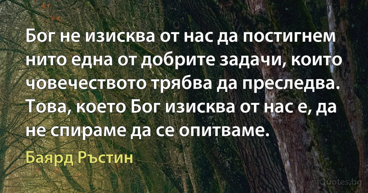 Бог не изисква от нас да постигнем нито една от добрите задачи, които човечеството трябва да преследва. Това, което Бог изисква от нас е, да не спираме да се опитваме. (Баярд Ръстин)