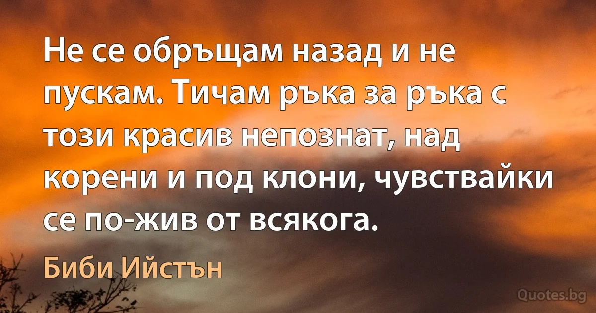 Не се обръщам назад и не пускам. Тичам ръка за ръка с този красив непознат, над корени и под клони, чувствайки се по-жив от всякога. (Биби Ийстън)