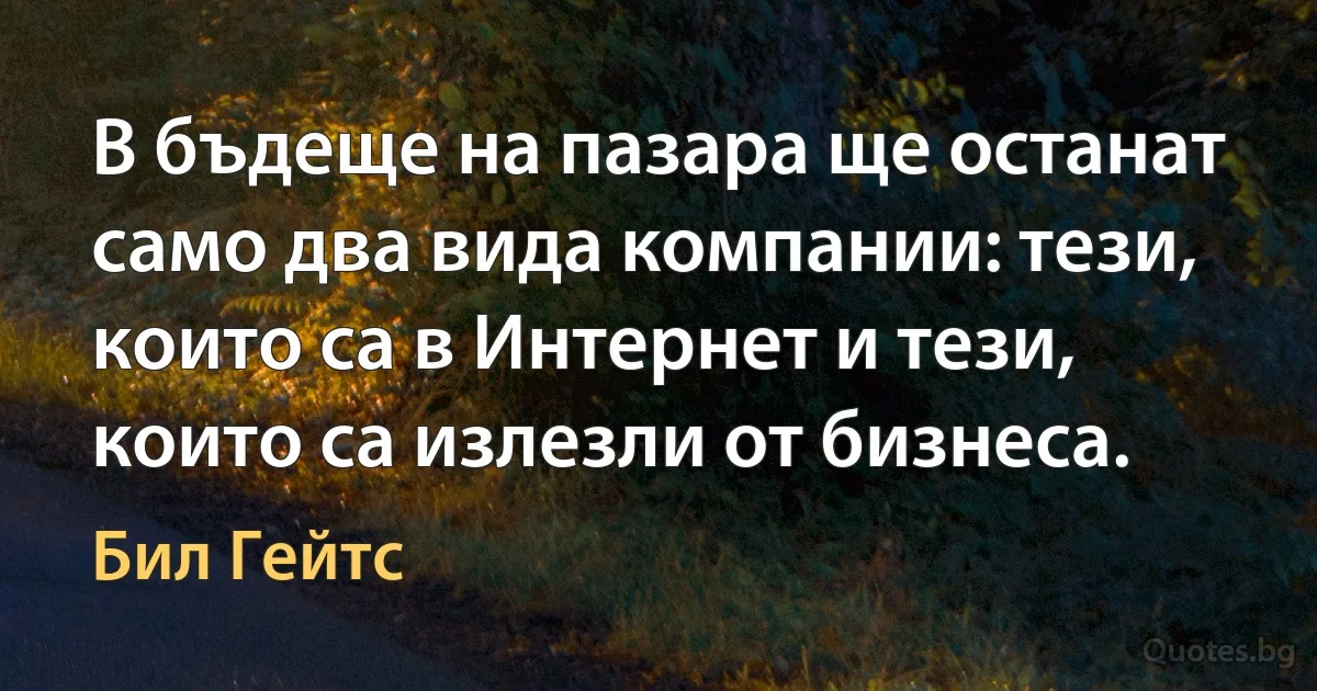 В бъдеще на пазара ще останат само два вида компании: тези, които са в Интернет и тези, които са излезли от бизнеса. (Бил Гейтс)