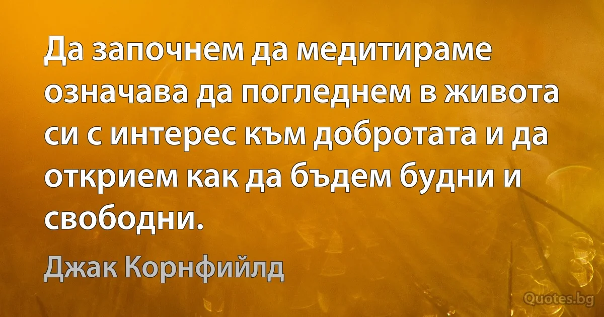 Да започнем да медитираме означава да погледнем в живота си с интерес към добротата и да открием как да бъдем будни и свободни. (Джак Корнфийлд)