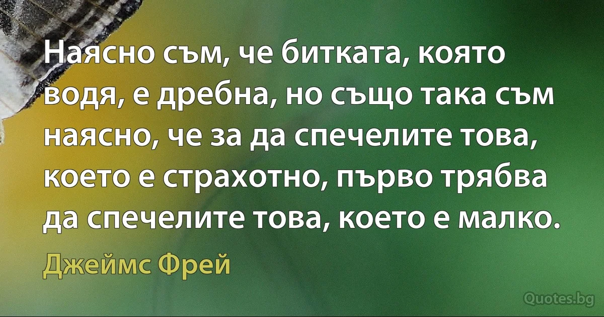 Наясно съм, че битката, която водя, е дребна, но също така съм наясно, че за да спечелите това, което е страхотно, първо трябва да спечелите това, което е малко. (Джеймс Фрей)