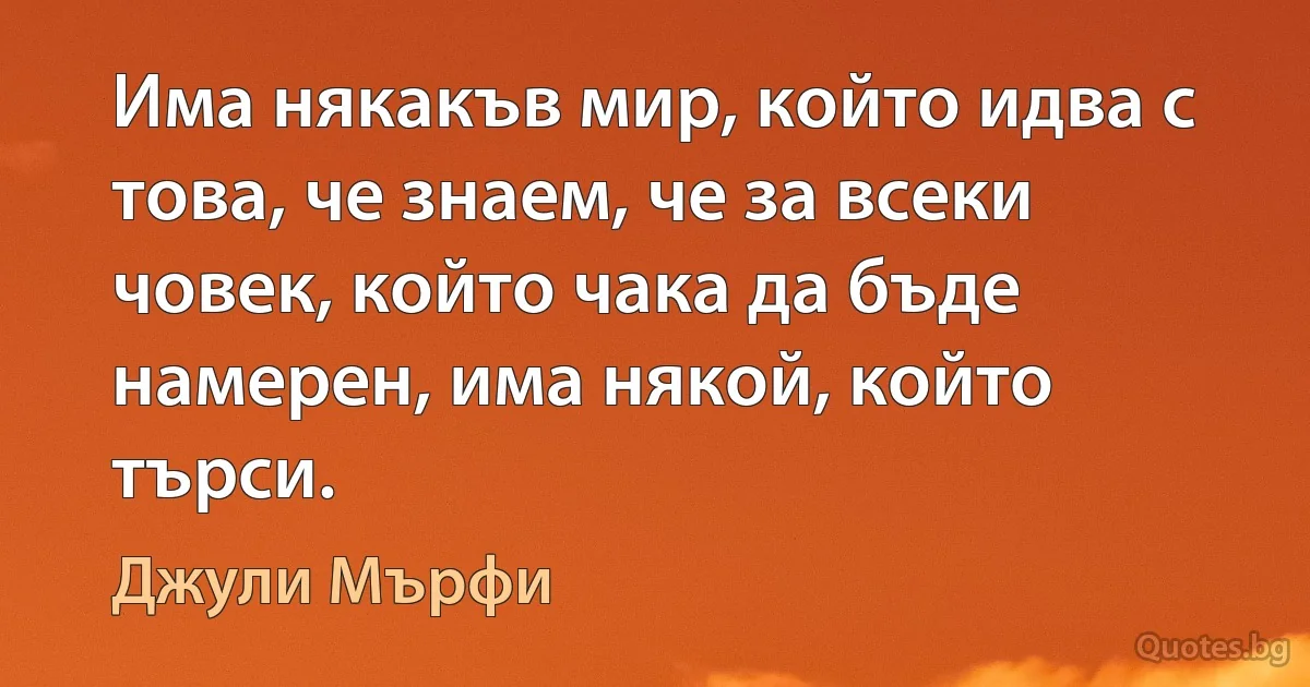 Има някакъв мир, който идва с това, че знаем, че за всеки човек, който чака да бъде намерен, има някой, който търси. (Джули Мърфи)