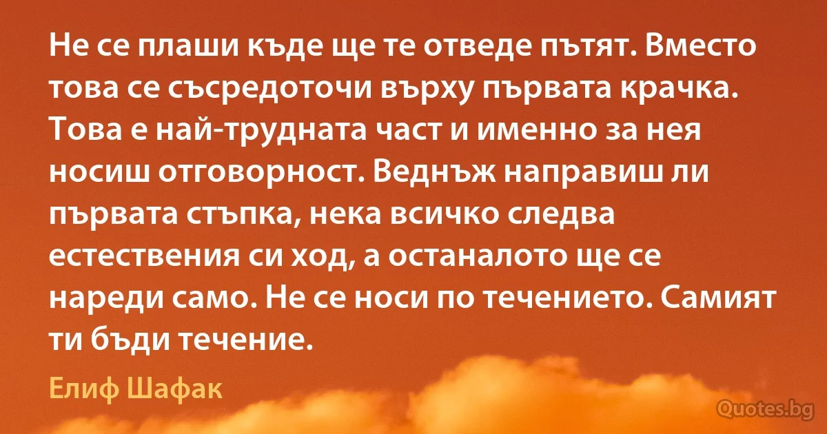 Не се плаши къде ще те отведе пътят. Вместо това се съсредоточи върху първата крачка. Това е най-трудната част и именно за нея носиш отговорност. Веднъж направиш ли първата стъпка, нека всичко следва естествения си ход, а останалото ще се нареди само. Не се носи по течението. Самият ти бъди течение. (Елиф Шафак)