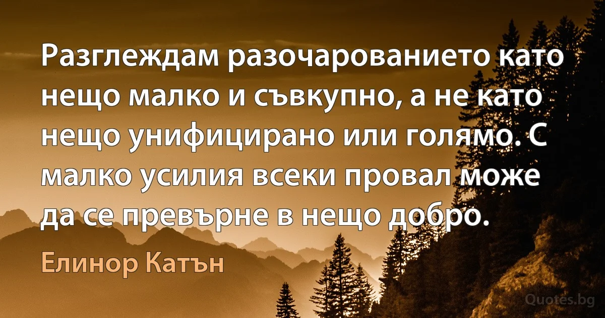 Разглеждам разочарованието като нещо малко и съвкупно, а не като нещо унифицирано или голямо. С малко усилия всеки провал може да се превърне в нещо добро. (Елинор Катън)