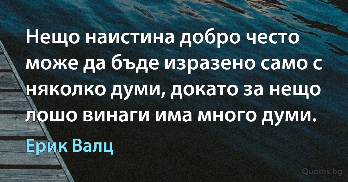 Нещо наистина добро често може да бъде изразено само с няколко думи, докато за нещо лошо винаги има много думи. (Ерик Валц)