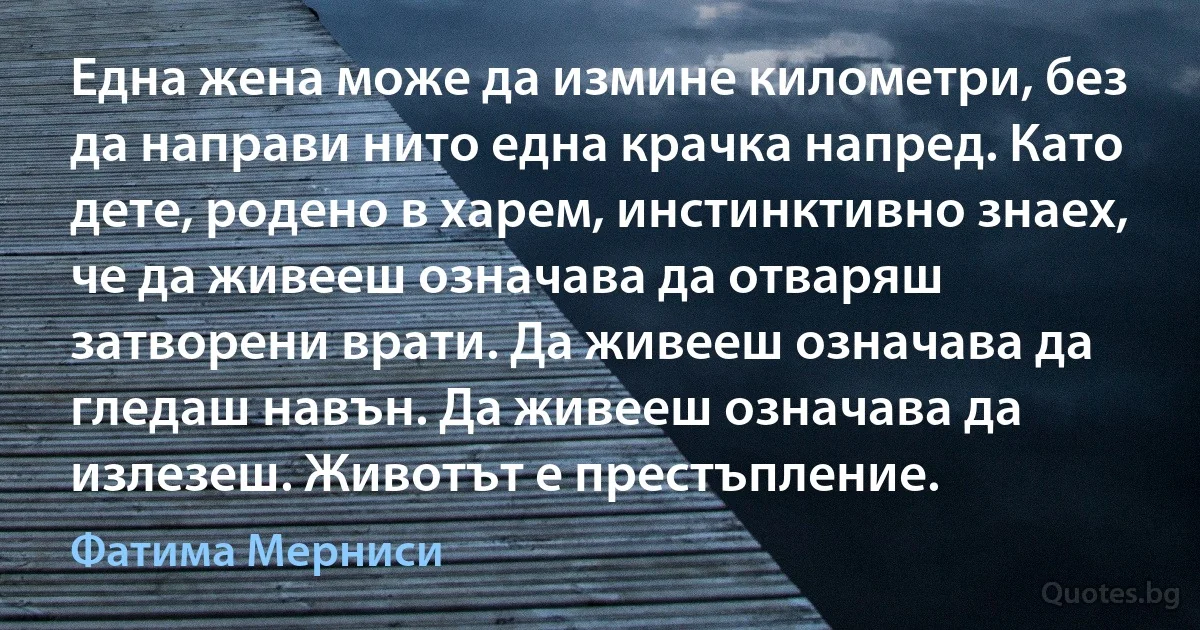 Една жена може да измине километри, без да направи нито една крачка напред. Като дете, родено в харем, инстинктивно знаех, че да живееш означава да отваряш затворени врати. Да живееш означава да гледаш навън. Да живееш означава да излезеш. Животът е престъпление. (Фатима Мерниси)