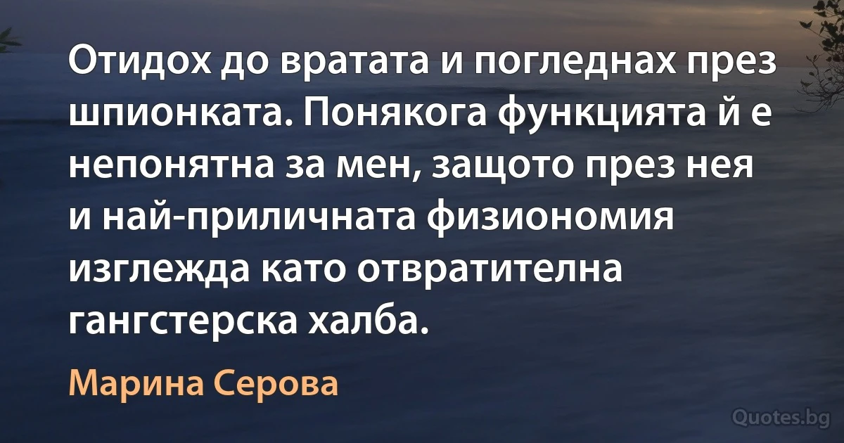 Отидох до вратата и погледнах през шпионката. Понякога функцията й е непонятна за мен, защото през нея и най-приличната физиономия изглежда като отвратителна гангстерска халба. (Марина Серова)