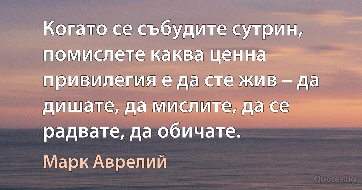 Когато се събудите сутрин, помислете каква ценна привилегия е да сте жив – да дишате, да мислите, да се радвате, да обичате. (Марк Аврелий)