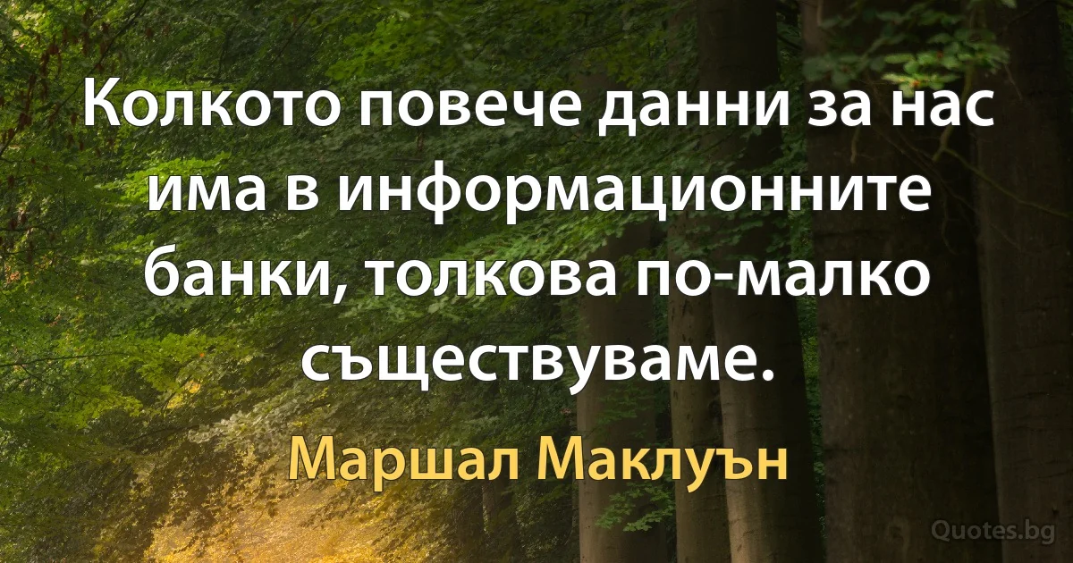 Колкото повече данни за нас има в информационните банки, толкова по-малко съществуваме. (Маршал Маклуън)