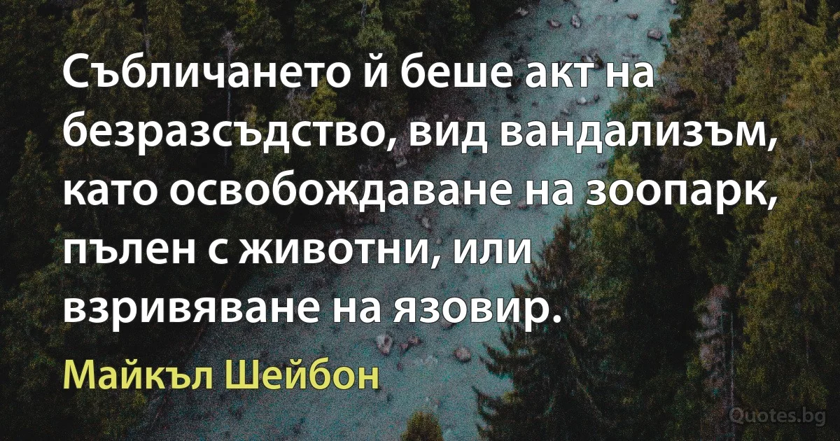 Събличането й беше акт на безразсъдство, вид вандализъм, като освобождаване на зоопарк, пълен с животни, или взривяване на язовир. (Майкъл Шейбон)