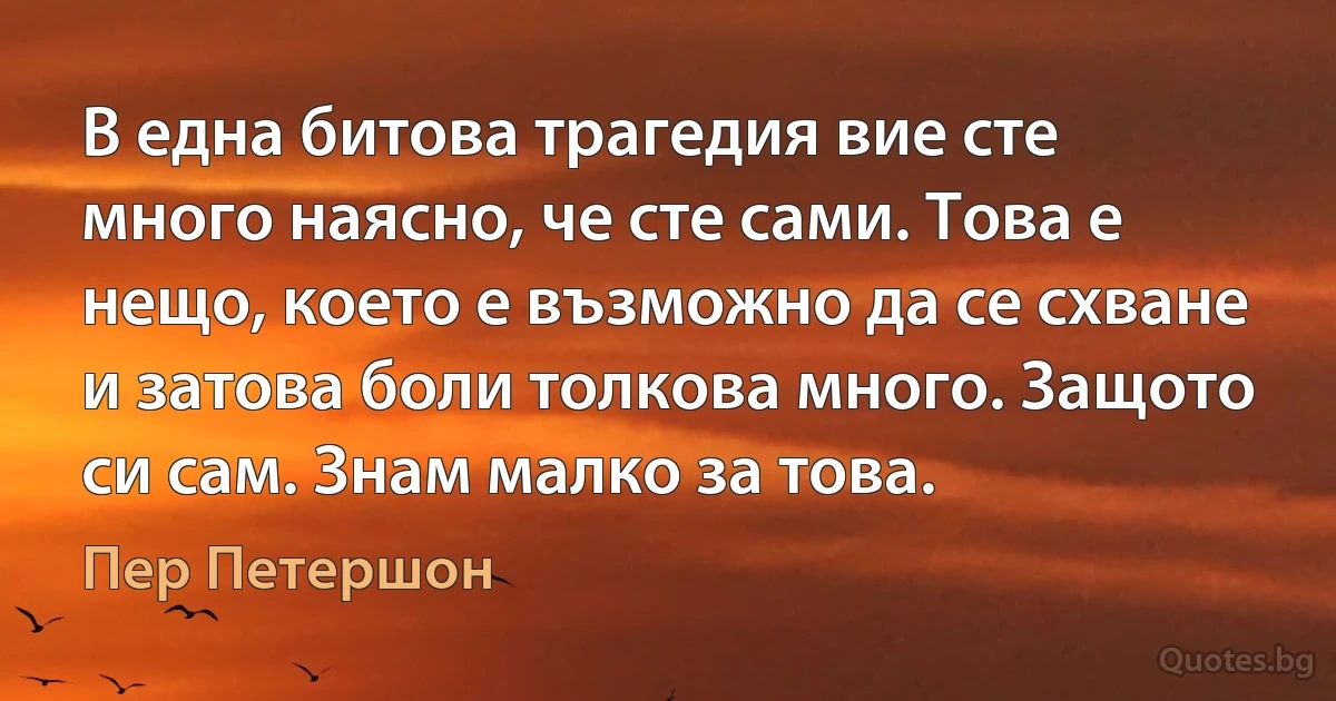 В една битова трагедия вие сте много наясно, че сте сами. Това е нещо, което е възможно да се схване и затова боли толкова много. Защото си сам. Знам малко за това. (Пер Петершон)