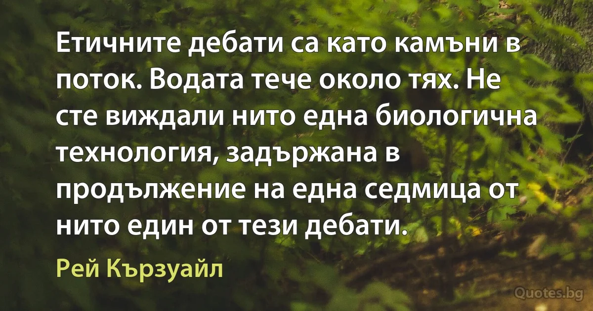 Етичните дебати са като камъни в поток. Водата тече около тях. Не сте виждали нито една биологична технология, задържана в продължение на една седмица от нито един от тези дебати. (Рей Кързуайл)