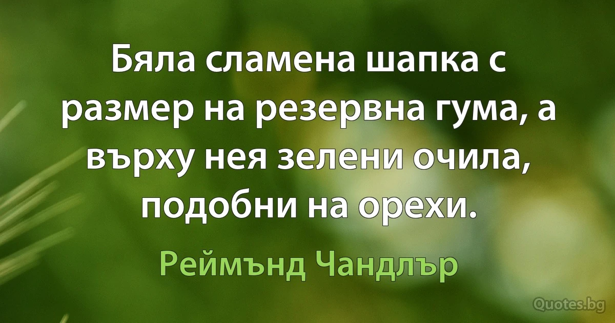 Бяла сламена шапка с размер на резервна гума, а върху нея зелени очила, подобни на орехи. (Реймънд Чандлър)