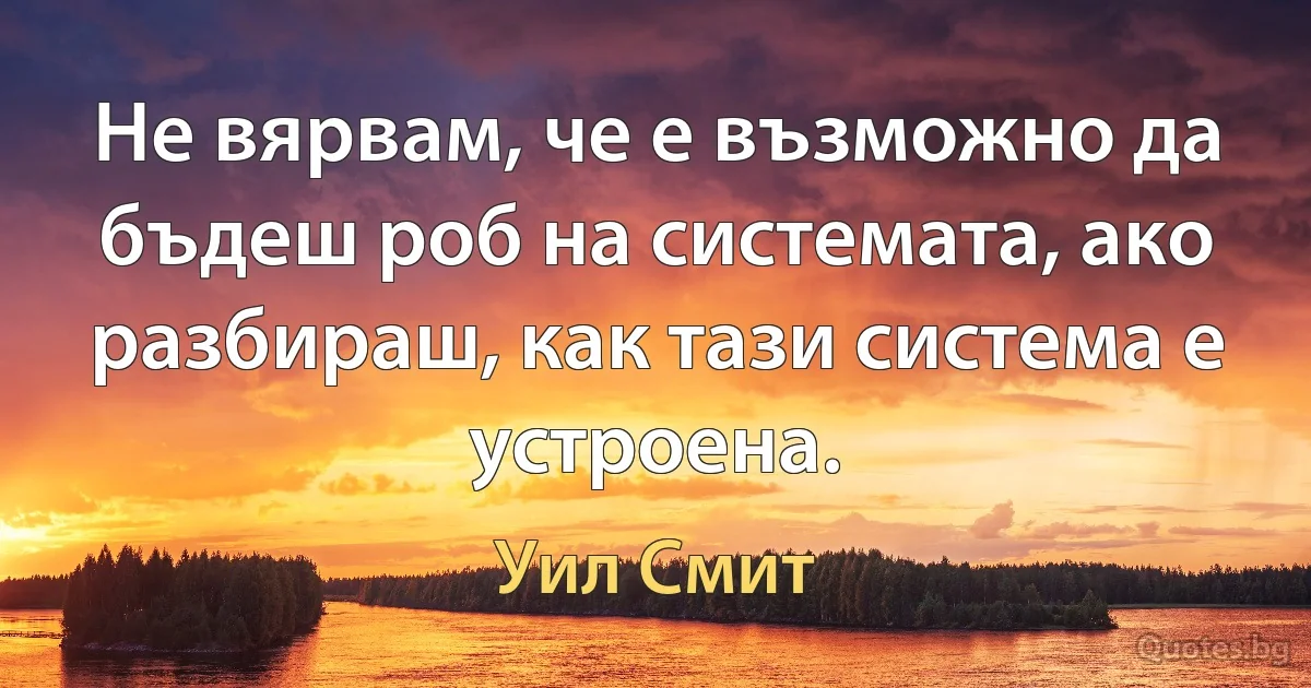 Не вярвам, че е възможно да бъдеш роб на системата, ако разбираш, как тази система е устроена. (Уил Смит)