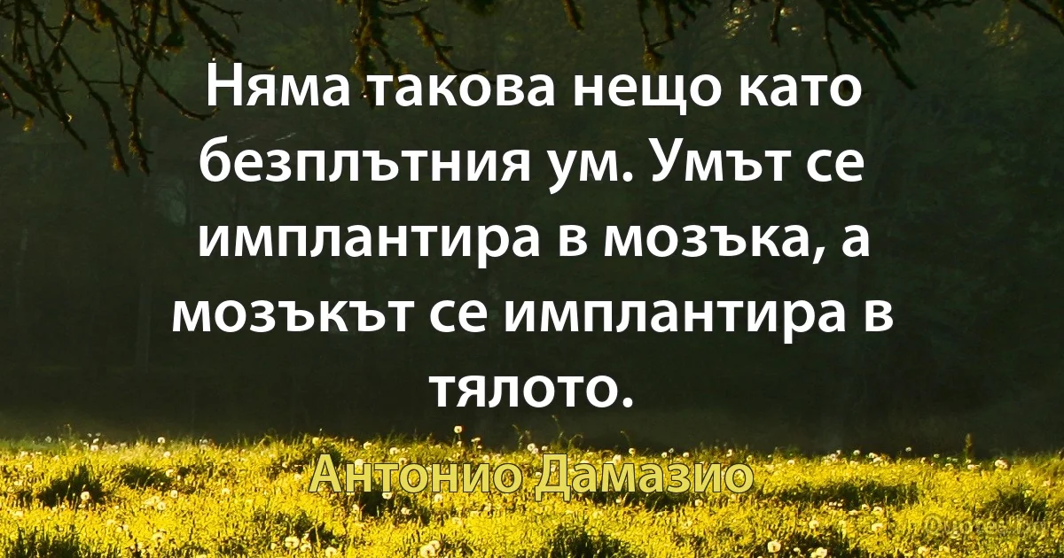 Няма такова нещо като безплътния ум. Умът се имплантира в мозъка, а мозъкът се имплантира в тялото. (Антонио Дамазио)