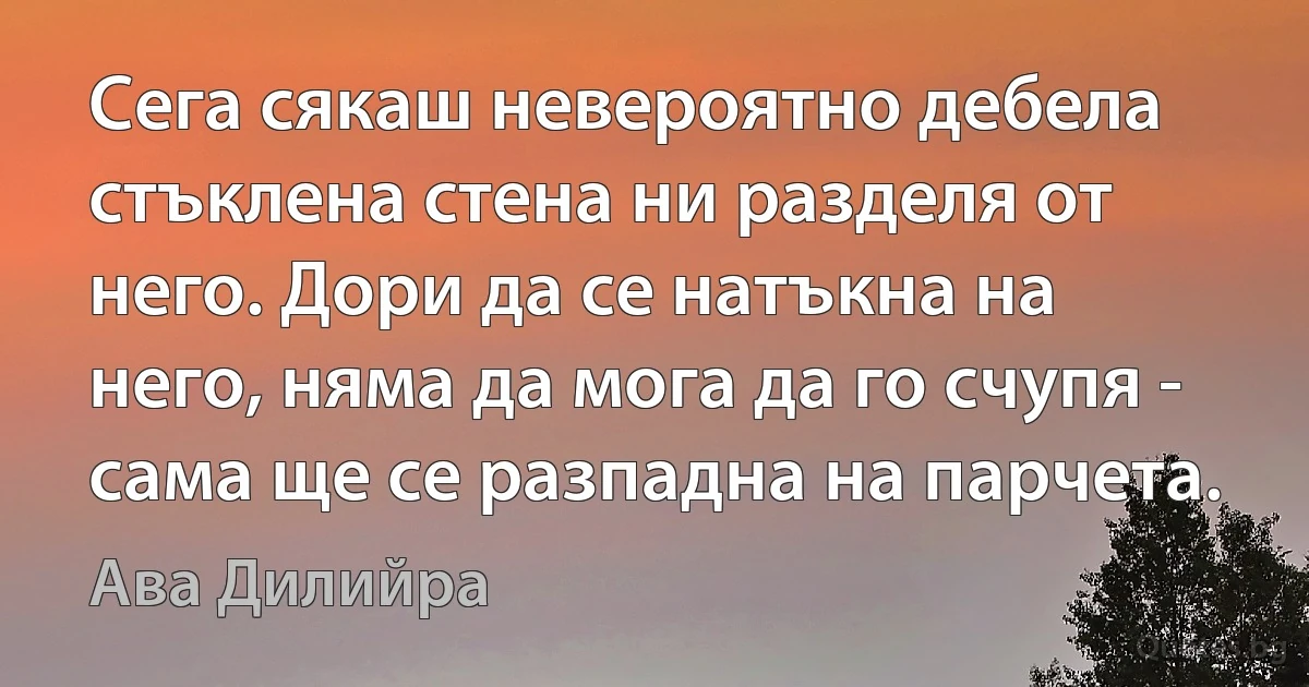 Сега сякаш невероятно дебела стъклена стена ни разделя от него. Дори да се натъкна на него, няма да мога да го счупя - сама ще се разпадна на парчета. (Ава Дилийра)