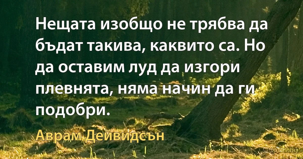 Нещата изобщо не трябва да бъдат такива, каквито са. Но да оставим луд да изгори плевнята, няма начин да ги подобри. (Аврам Дейвидсън)