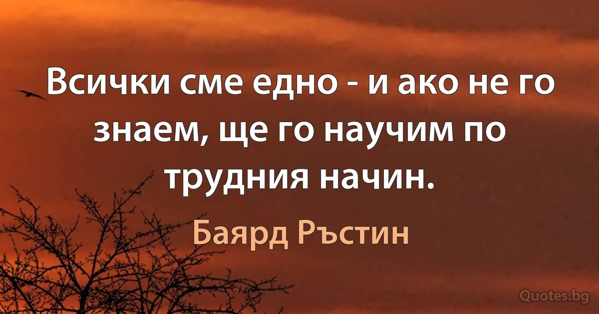 Всички сме едно - и ако не го знаем, ще го научим по трудния начин. (Баярд Ръстин)