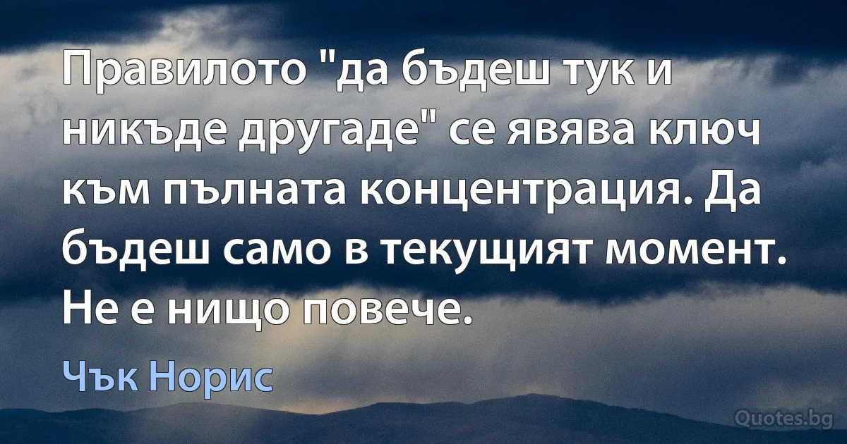 Правилото "да бъдеш тук и никъде другаде" се явява ключ към пълната концентрация. Да бъдеш само в текущият момент. Не е нищо повече. (Чък Норис)