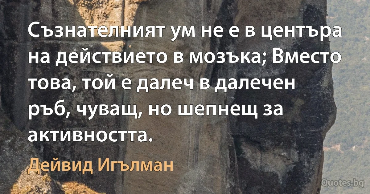 Съзнателният ум не е в центъра на действието в мозъка; Вместо това, той е далеч в далечен ръб, чуващ, но шепнещ за активността. (Дейвид Игълман)