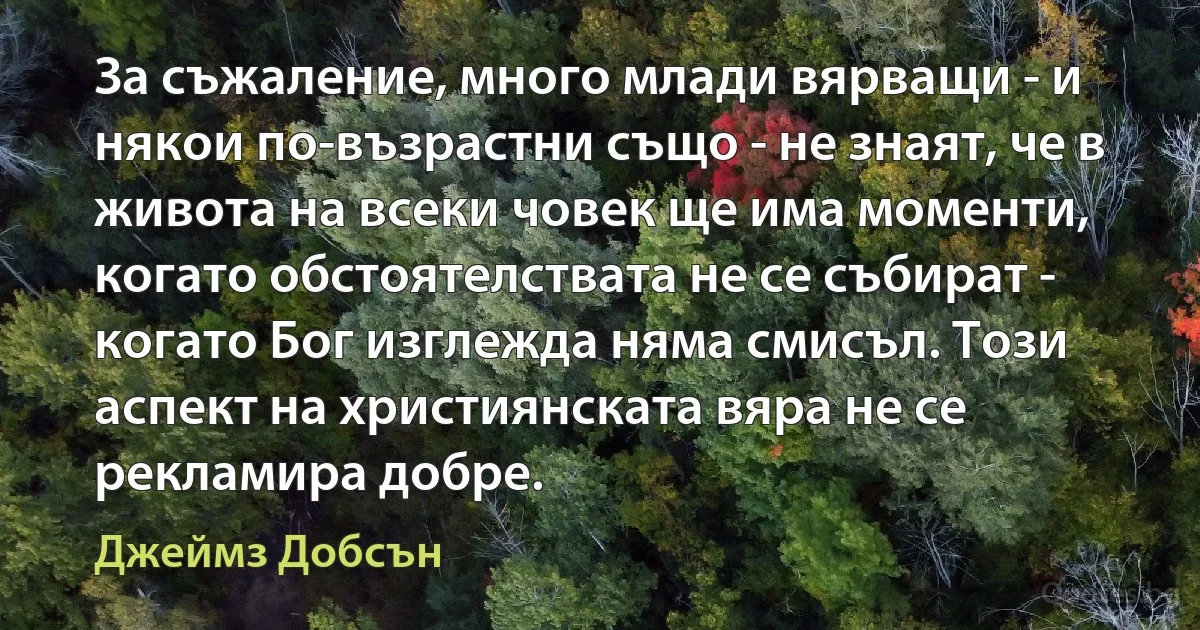 За съжаление, много млади вярващи - и някои по-възрастни също - не знаят, че в живота на всеки човек ще има моменти, когато обстоятелствата не се събират - когато Бог изглежда няма смисъл. Този аспект на християнската вяра не се рекламира добре. (Джеймз Добсън)