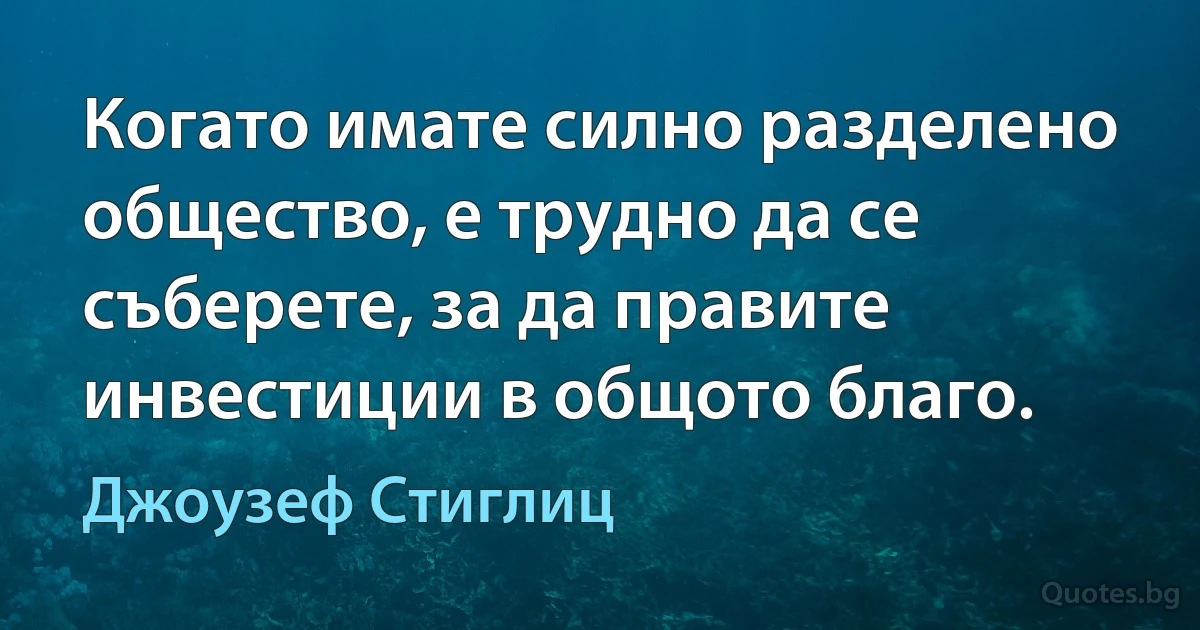 Когато имате силно разделено общество, е трудно да се съберете, за да правите инвестиции в общото благо. (Джоузеф Стиглиц)