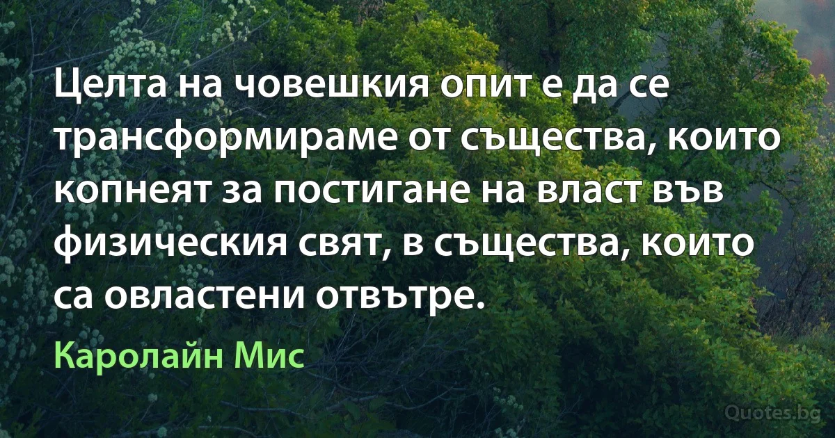 Целта на човешкия опит е да се трансформираме от същества, които копнеят за постигане на власт във физическия свят, в същества, които са овластени отвътре. (Каролайн Мис)