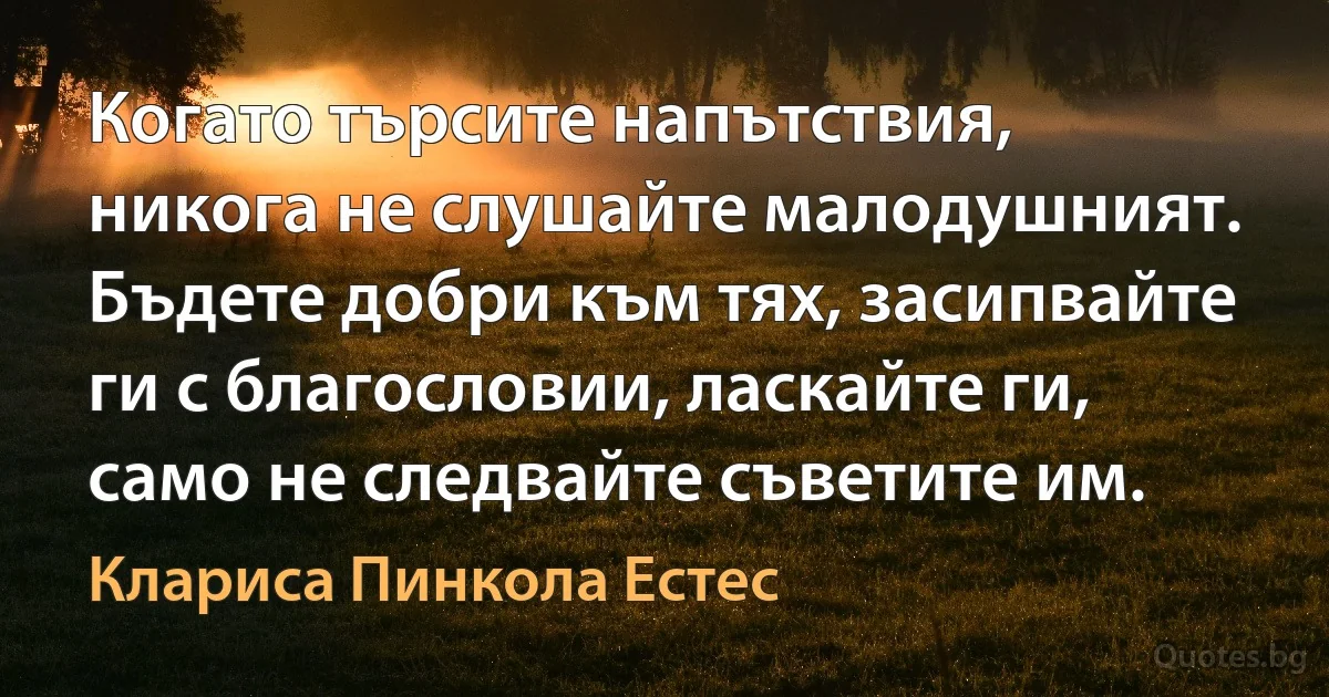 Когато търсите напътствия, никога не слушайте малодушният. Бъдете добри към тях, засипвайте ги с благословии, ласкайте ги, само не следвайте съветите им. (Клариса Пинкола Естес)