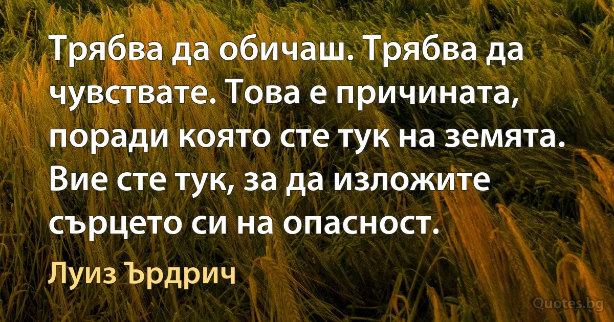 Трябва да обичаш. Трябва да чувствате. Това е причината, поради която сте тук на земята. Вие сте тук, за да изложите сърцето си на опасност. (Луиз Ърдрич)