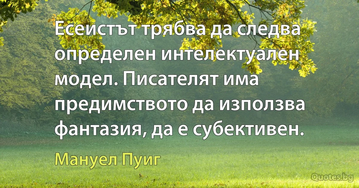 Есеистът трябва да следва определен интелектуален модел. Писателят има предимството да използва фантазия, да е субективен. (Мануел Пуиг)