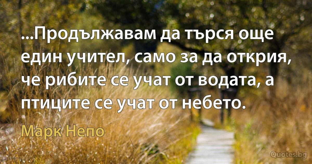 ...Продължавам да търся още един учител, само за да открия, че рибите се учат от водата, а птиците се учат от небето. (Марк Непо)