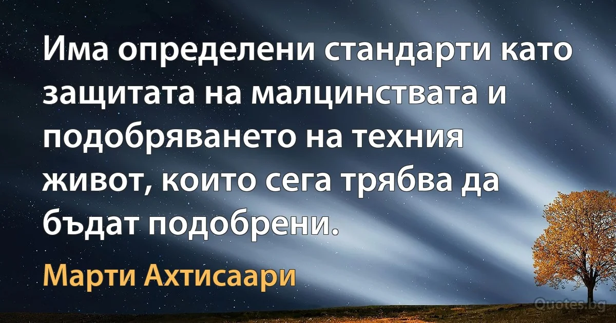 Има определени стандарти като защитата на малцинствата и подобряването на техния живот, които сега трябва да бъдат подобрени. (Марти Ахтисаари)