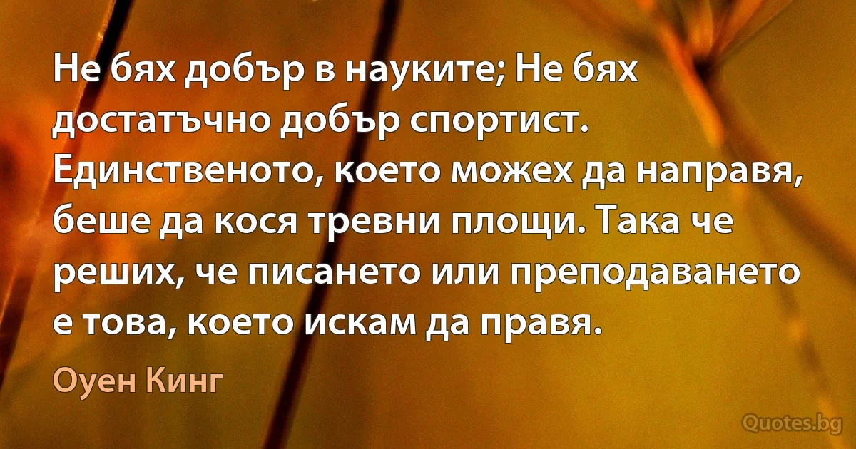 Не бях добър в науките; Не бях достатъчно добър спортист. Единственото, което можех да направя, беше да кося тревни площи. Така че реших, че писането или преподаването е това, което искам да правя. (Оуен Кинг)