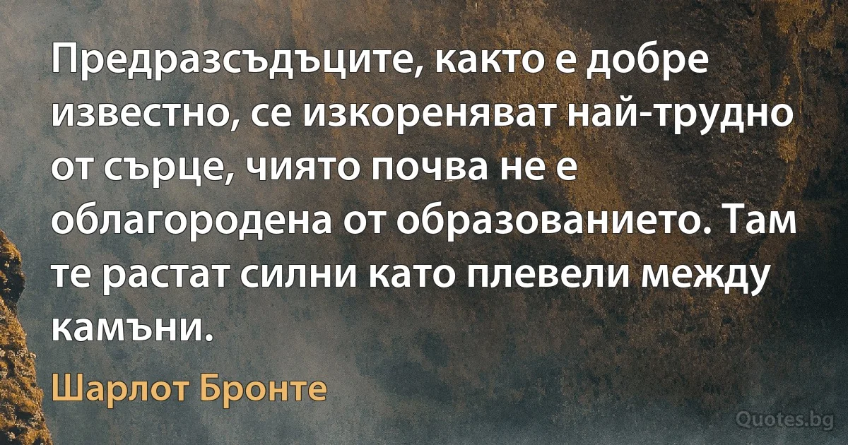 Предразсъдъците, както е добре известно, се изкореняват най-трудно от сърце, чиято почва не е облагородена от образованието. Там те растат силни като плевели между камъни. (Шарлот Бронте)