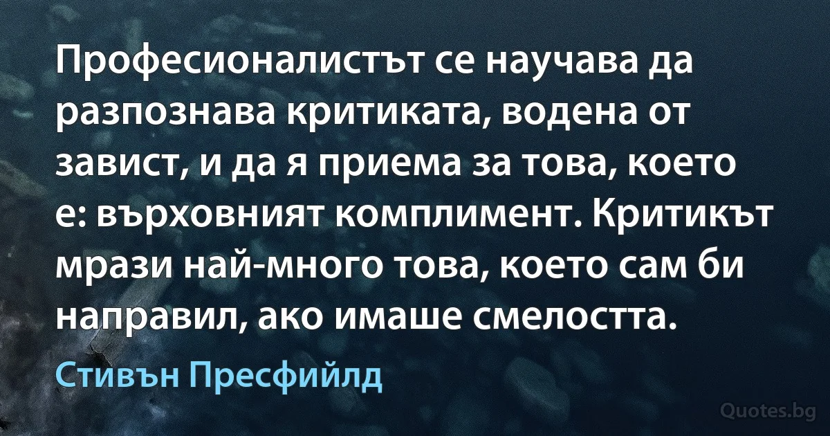 Професионалистът се научава да разпознава критиката, водена от завист, и да я приема за това, което е: върховният комплимент. Критикът мрази най-много това, което сам би направил, ако имаше смелостта. (Стивън Пресфийлд)