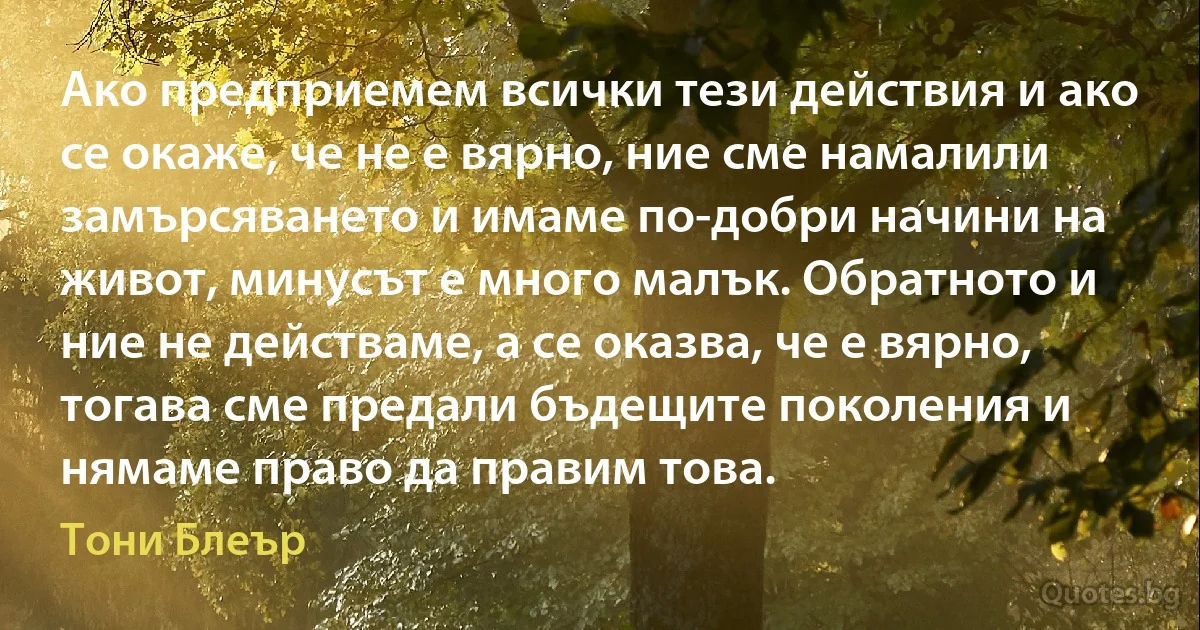 Ако предприемем всички тези действия и ако се окаже, че не е вярно, ние сме намалили замърсяването и имаме по-добри начини на живот, минусът е много малък. Обратното и ние не действаме, а се оказва, че е вярно, тогава сме предали бъдещите поколения и нямаме право да правим това. (Тони Блеър)