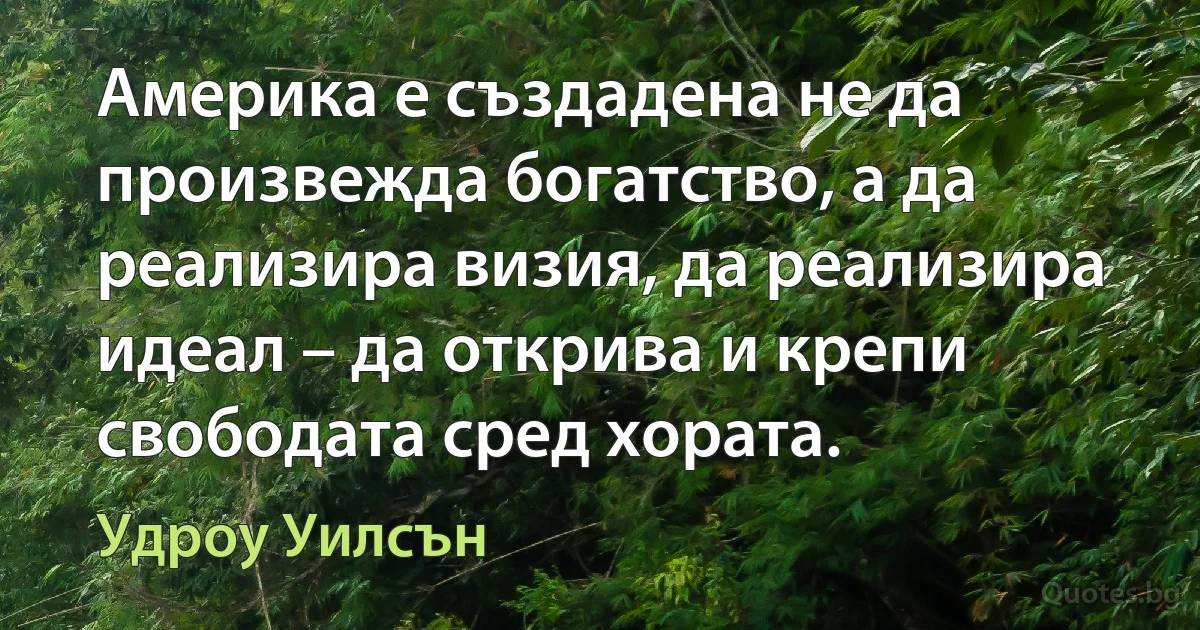 Америка е създадена не да произвежда богатство, а да реализира визия, да реализира идеал – да открива и крепи свободата сред хората. (Удроу Уилсън)