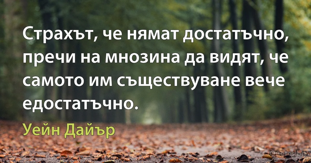 Страхът, че нямат достатъчно, пречи на мнозина да видят, че самото им съществуване вече едостатъчно. (Уейн Дайър)