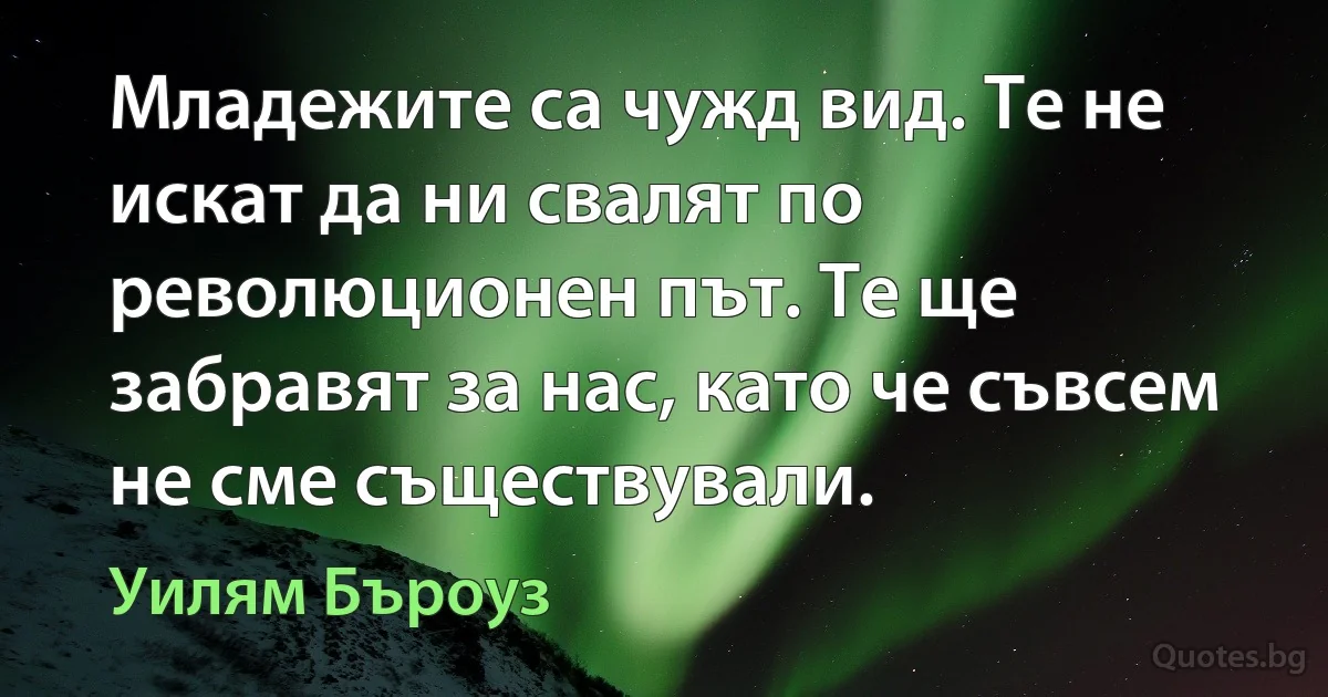 Младежите са чужд вид. Те не искат да ни свалят по революционен път. Те ще забравят за нас, като че съвсем не сме съществували. (Уилям Бъроуз)