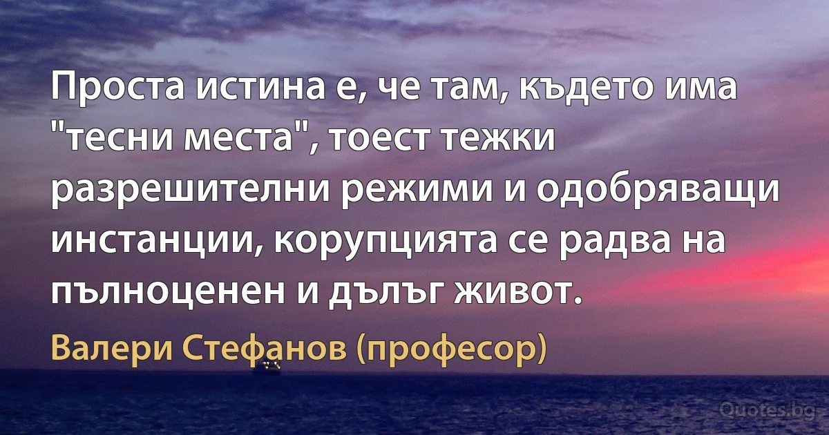 Проста истина е, че там, където има "тесни места", тоест тежки разрешителни режими и одобряващи инстанции, корупцията се радва на пълноценен и дълъг живот. (Валери Стефанов (професор))