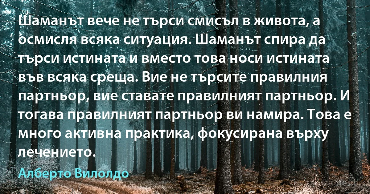 Шаманът вече не търси смисъл в живота, а осмисля всяка ситуация. Шаманът спира да търси истината и вместо това носи истината във всяка среща. Вие не търсите правилния партньор, вие ставате правилният партньор. И тогава правилният партньор ви намира. Това е много активна практика, фокусирана върху лечението. (Алберто Вилолдо)