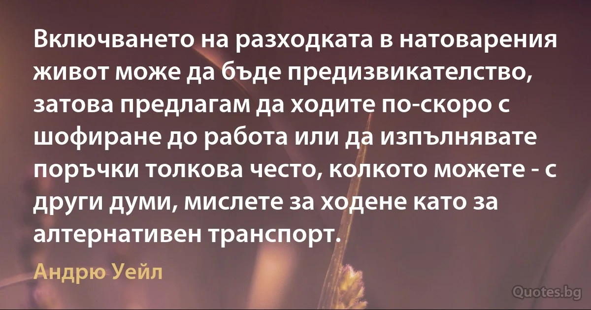 Включването на разходката в натоварения живот може да бъде предизвикателство, затова предлагам да ходите по-скоро с шофиране до работа или да изпълнявате поръчки толкова често, колкото можете - с други думи, мислете за ходене като за алтернативен транспорт. (Андрю Уейл)