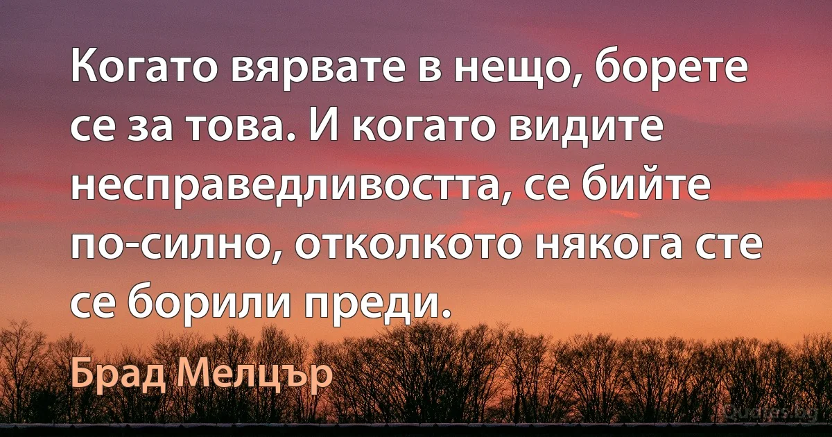 Когато вярвате в нещо, борете се за това. И когато видите несправедливостта, се бийте по-силно, отколкото някога сте се борили преди. (Брад Мелцър)