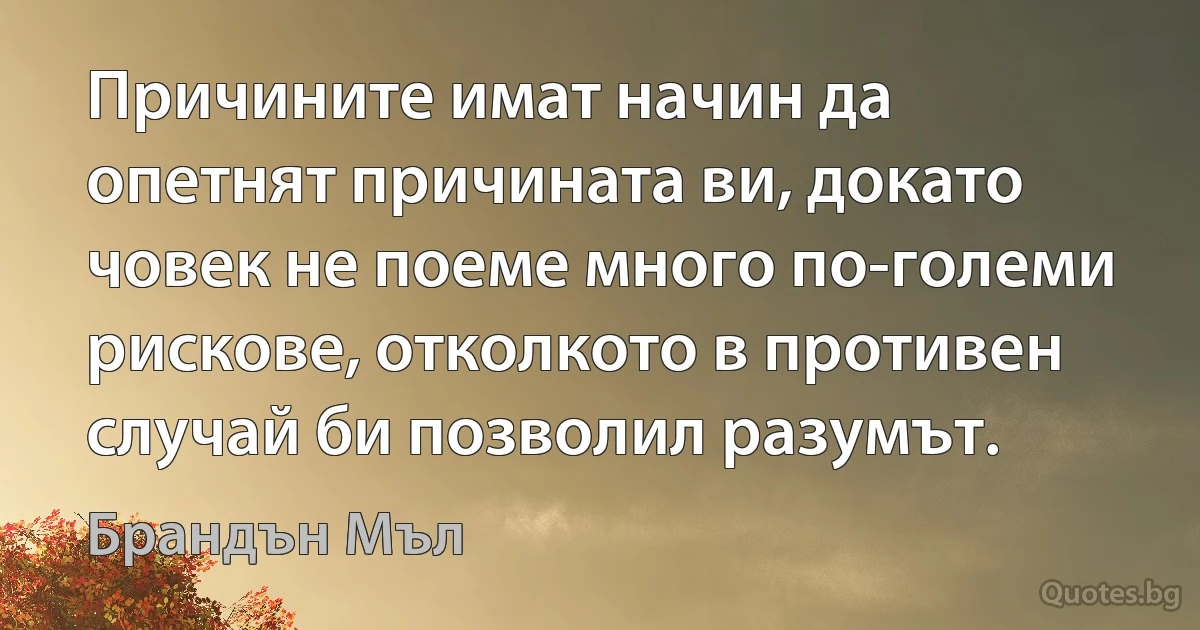 Причините имат начин да опетнят причината ви, докато човек не поеме много по-големи рискове, отколкото в противен случай би позволил разумът. (Брандън Мъл)