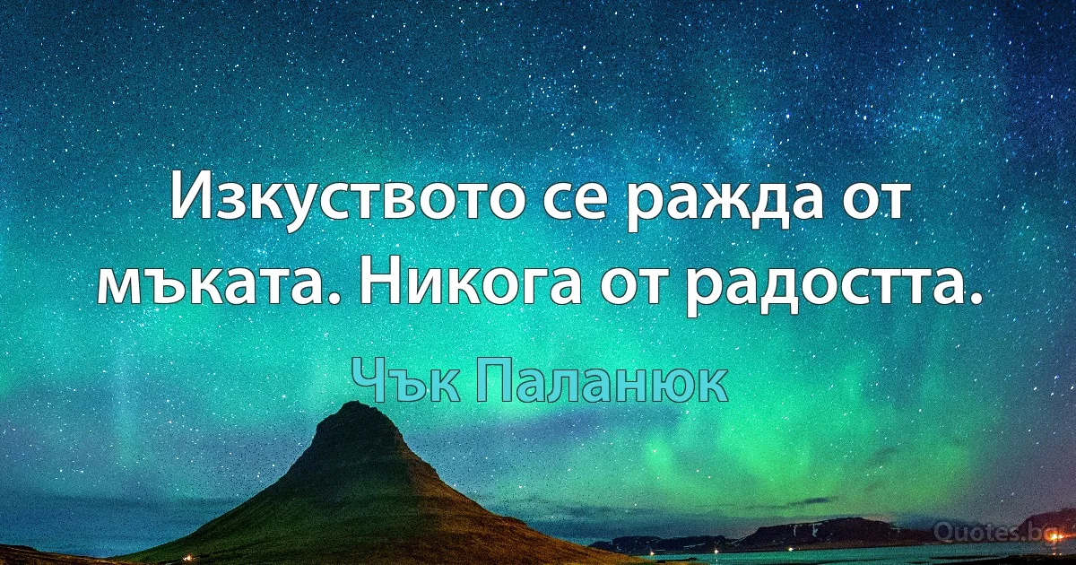 Изкуството се ражда от мъката. Никога от радостта. (Чък Паланюк)