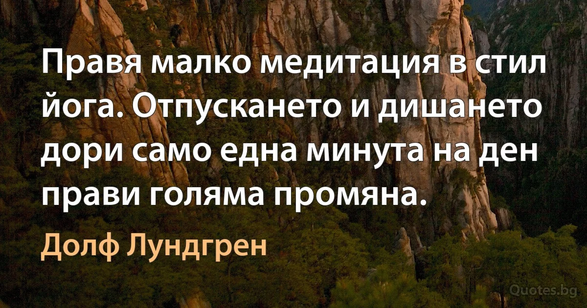 Правя малко медитация в стил йога. Отпускането и дишането дори само една минута на ден прави голяма промяна. (Долф Лундгрен)