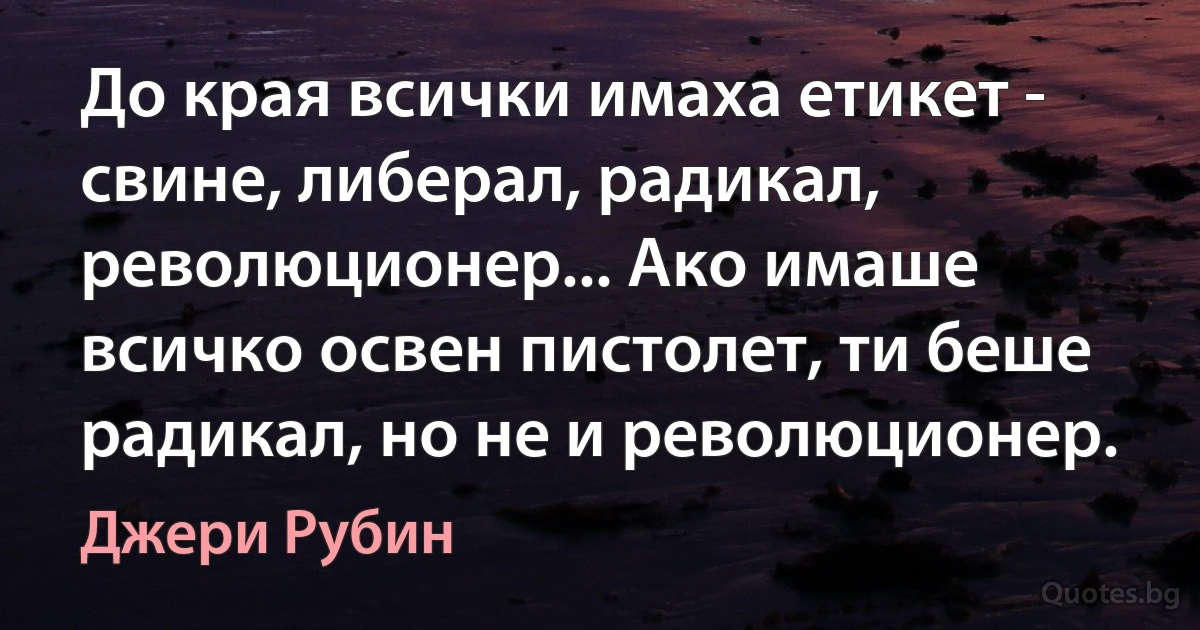 До края всички имаха етикет - свине, либерал, радикал, революционер... Ако имаше всичко освен пистолет, ти беше радикал, но не и революционер. (Джери Рубин)